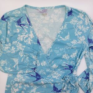 Garnet Hill Tie Wrap Robe Women's Size XS Floral Bird Print Attached Ties Green